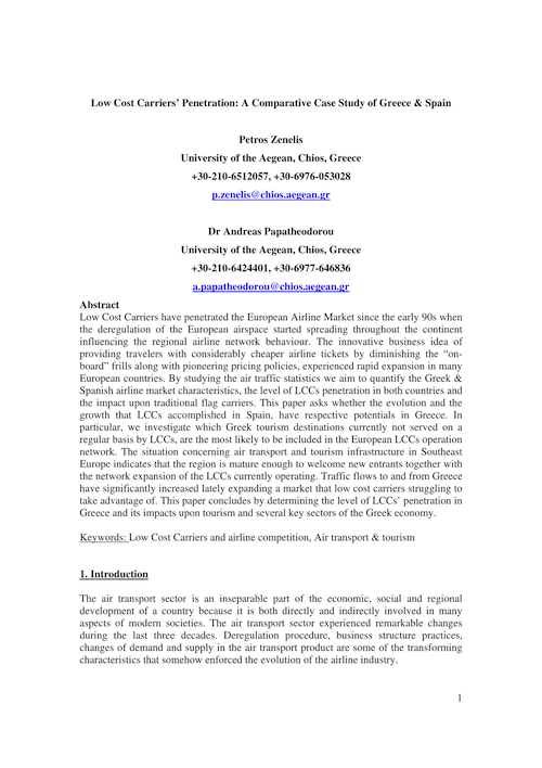 Zenelis, P. and Papatheodorou, A. (2008) Low Cost Carriers’ Penetration: A Comparative Case Study of Greece & Spain. 12th Annual Conference of the Air Transport Research Society, Athens